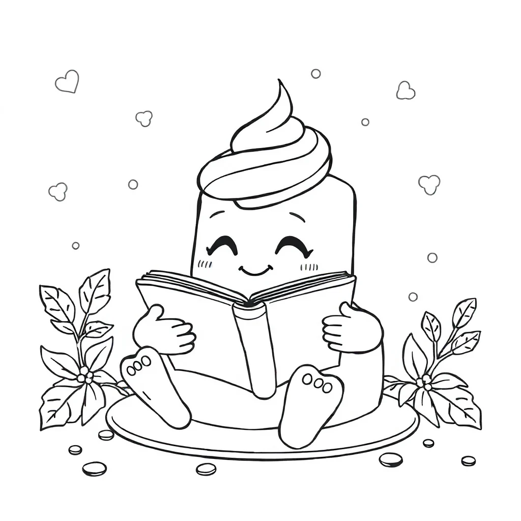 Cakes a cute cake reading a book — classic cakes coloring page (ages 5–10)
