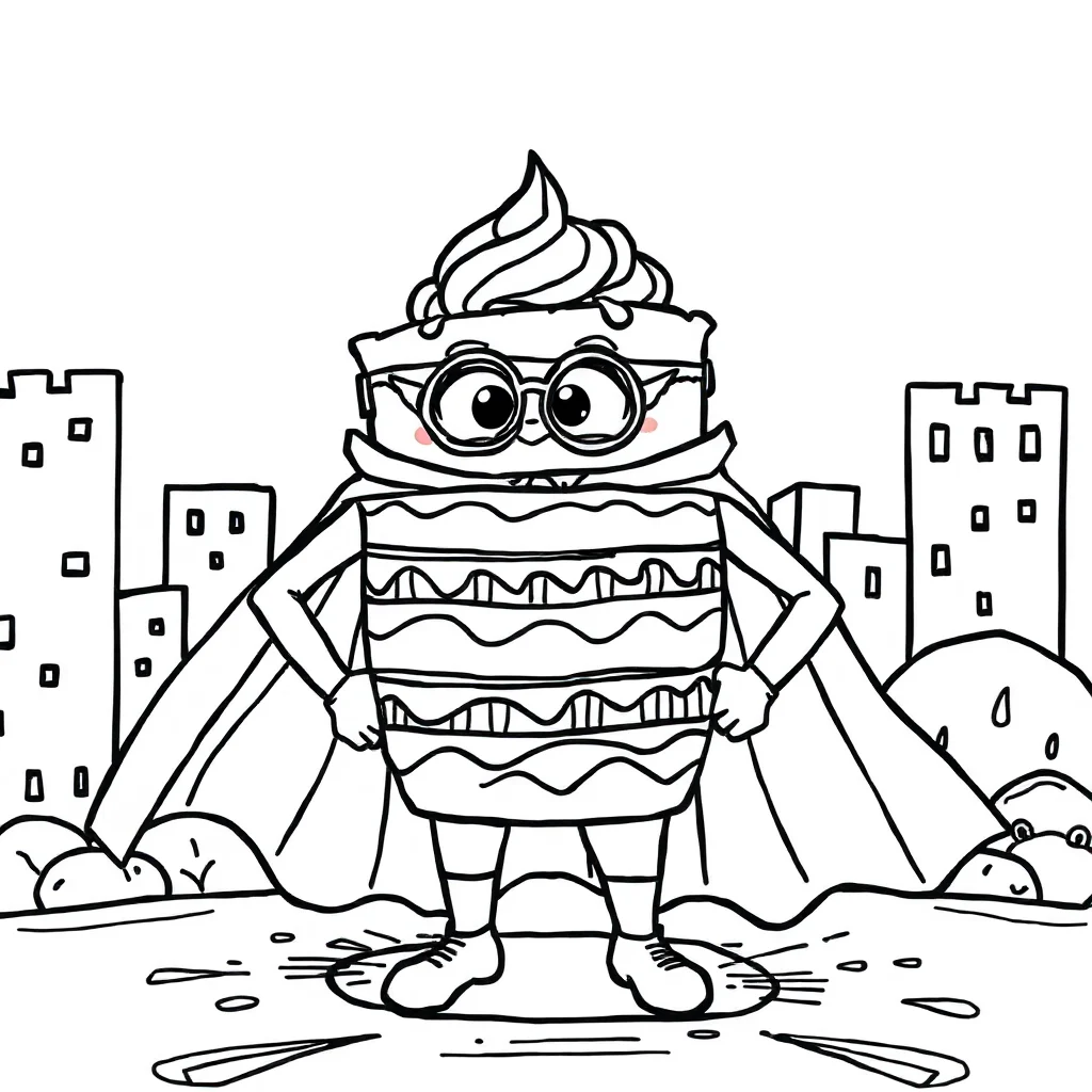 Cakes a layered cake in a superhero cape — classic cakes coloring page (ages 5–10)