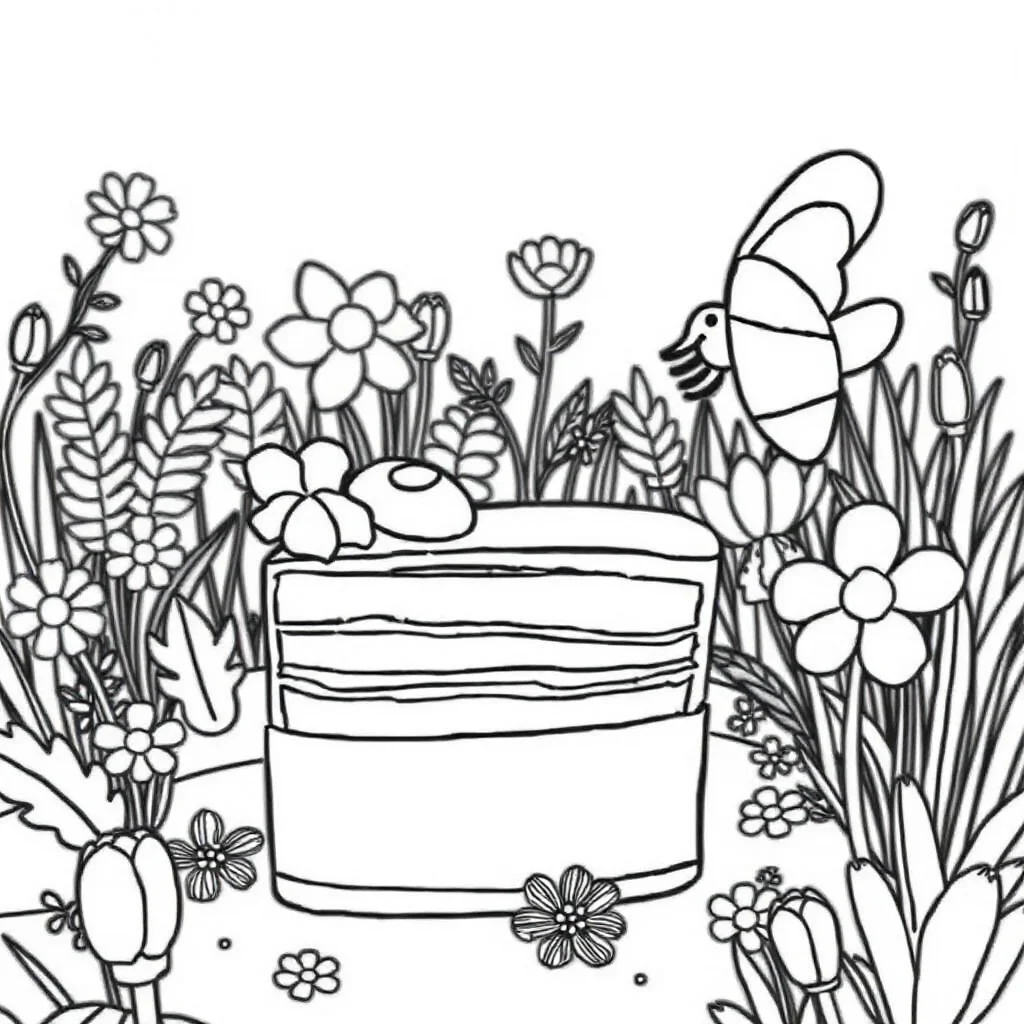 Cakes a slice of cake in a flower garden — classic cakes coloring page (ages 5–10)