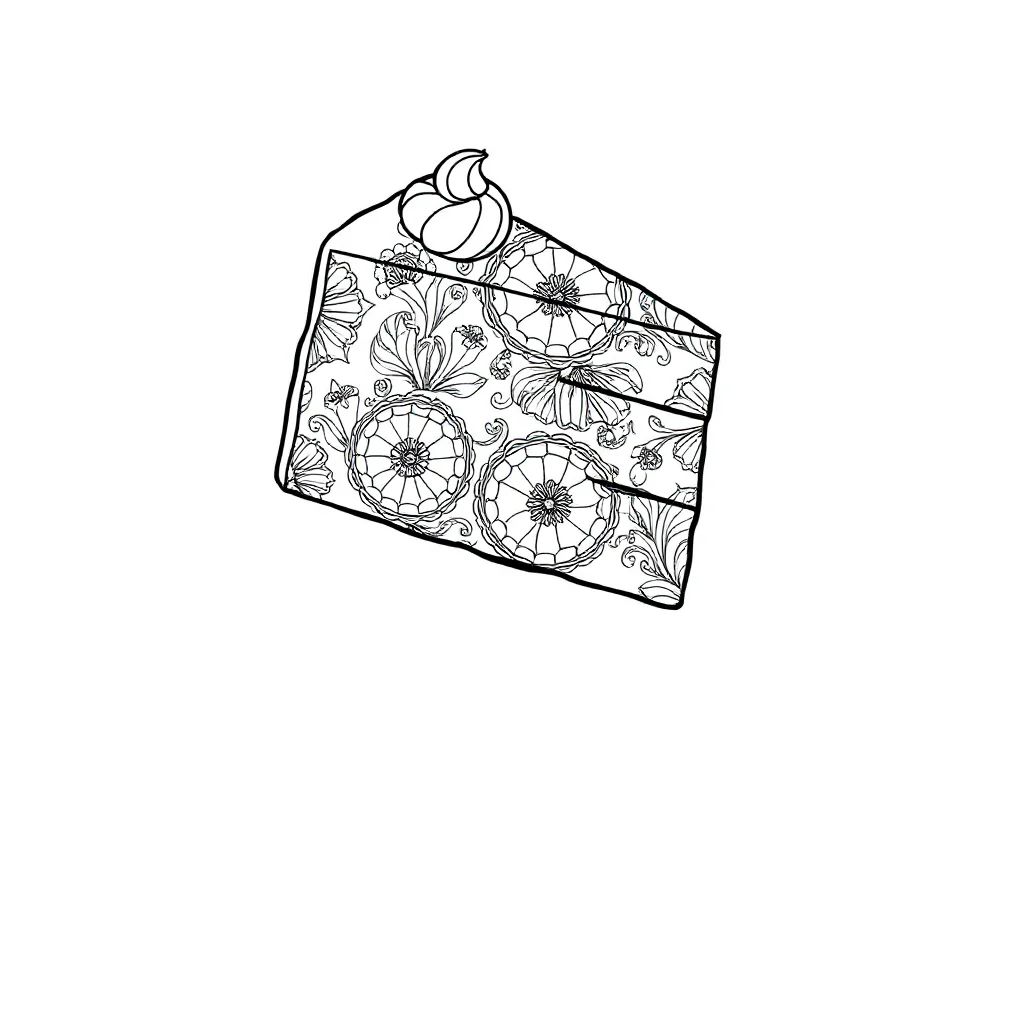 Cakes a slice of cake leaping mid air — detailed cakes coloring page (ages 9+ & adults)