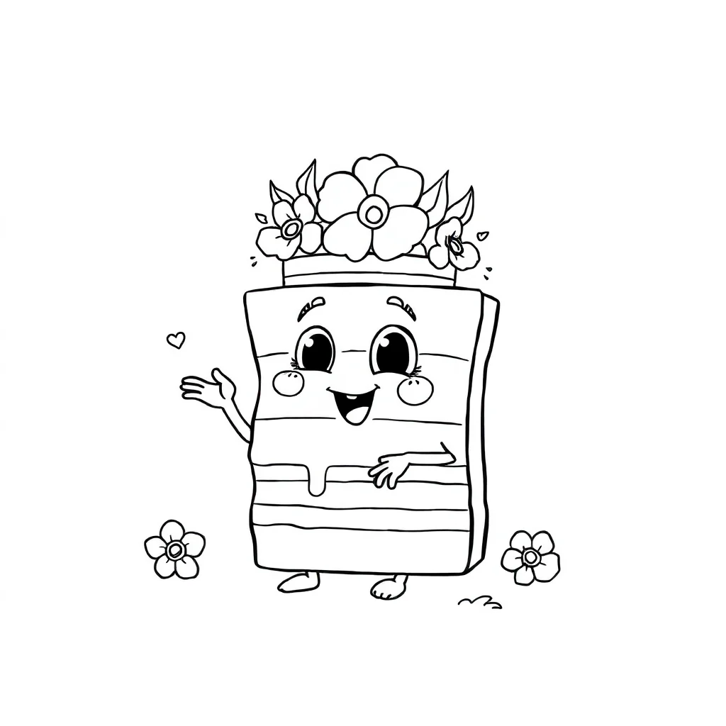 Cakes a slice of cake wearing a flower crown — classic cakes coloring page (ages 5–10)