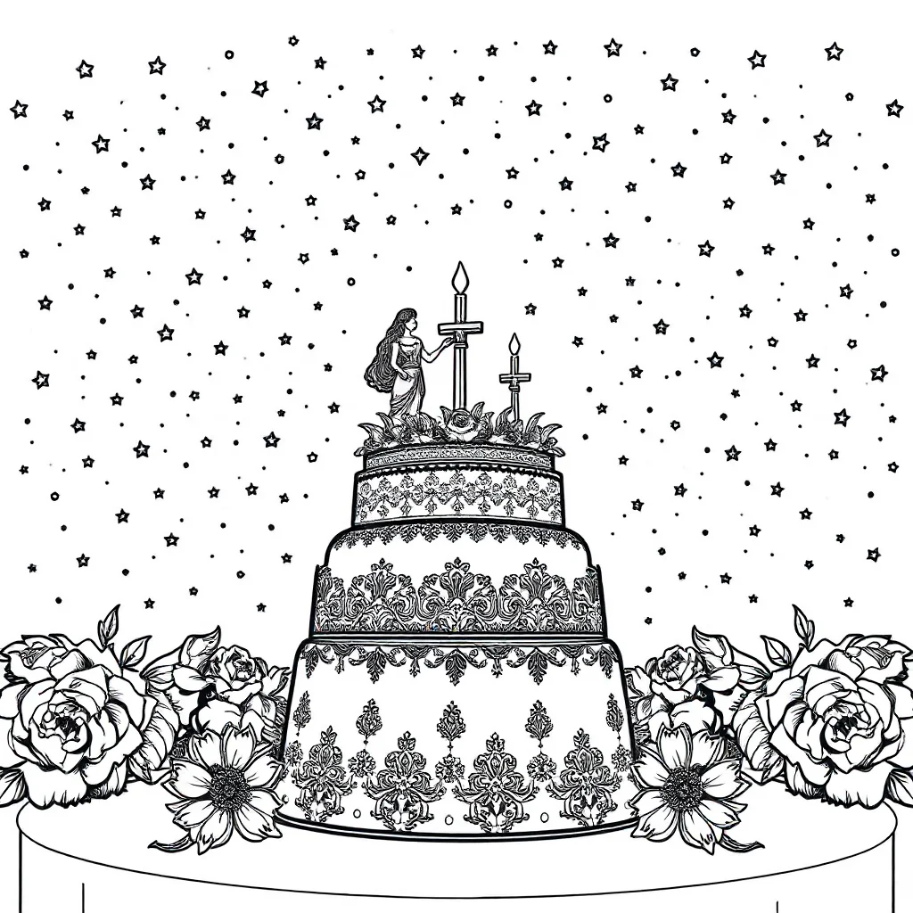 Cakes a wedding cake under the night sky with stars — detailed cakes coloring page (ages 9+ & adults)