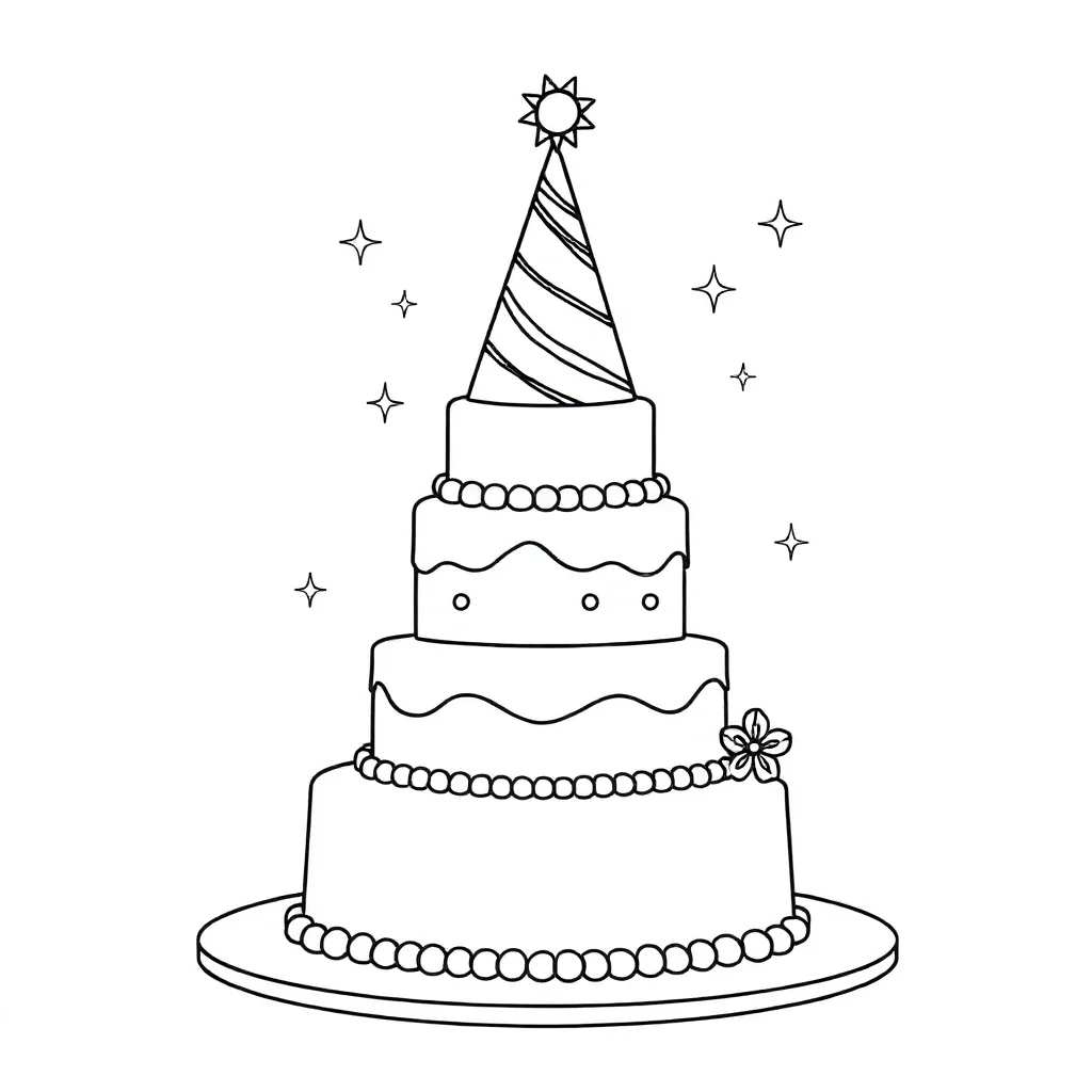 Cakes a wedding cake wearing a party hat — classic cakes coloring page (ages 5–10)