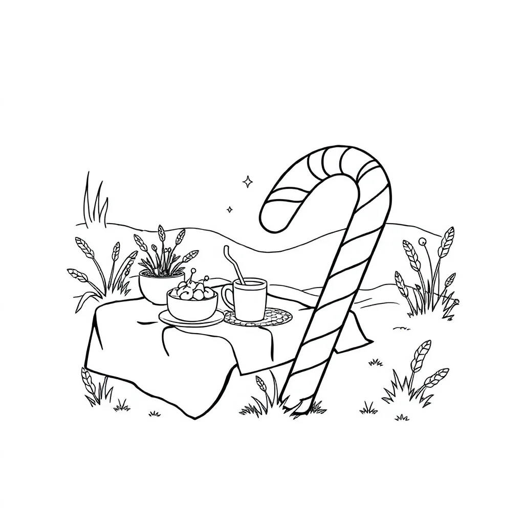 Candy a candy cane having a picnic — classic candy coloring page (ages 5–10)