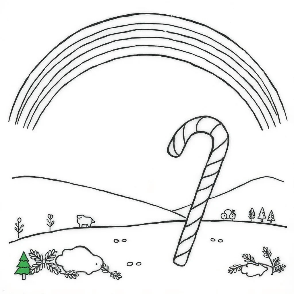 Candy a candy cane under a rainbow — classic candy coloring page (ages 5–10)