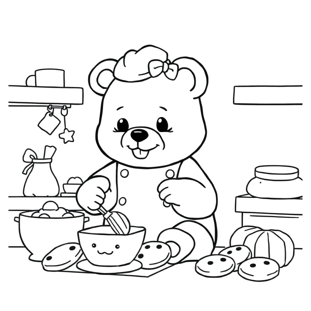 Candy a cute gummy bear baking cookies — classic candy coloring page (ages 5–10)