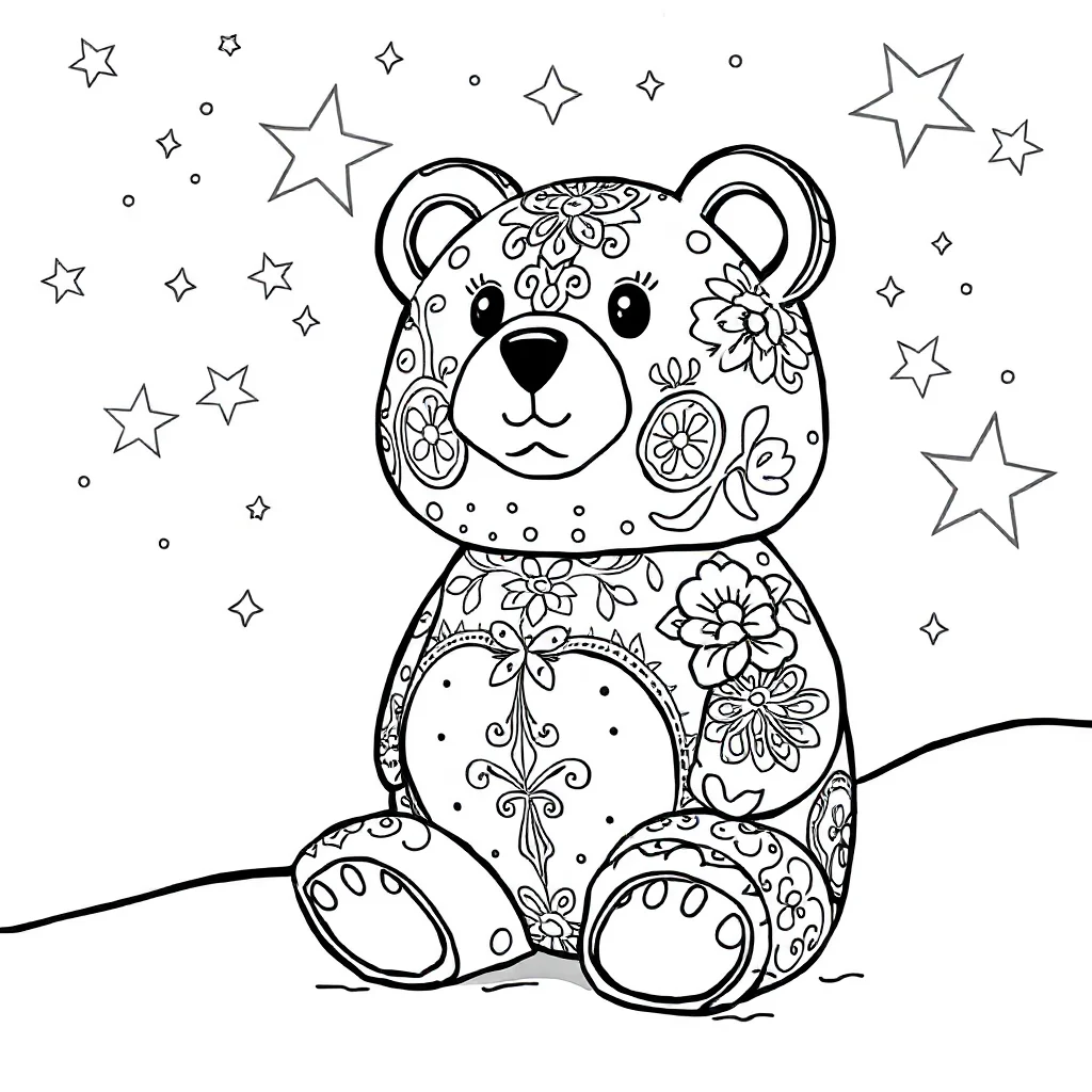 Candy a cute gummy bear under the night sky with stars — detailed candy coloring page (ages 9+ & adults)
