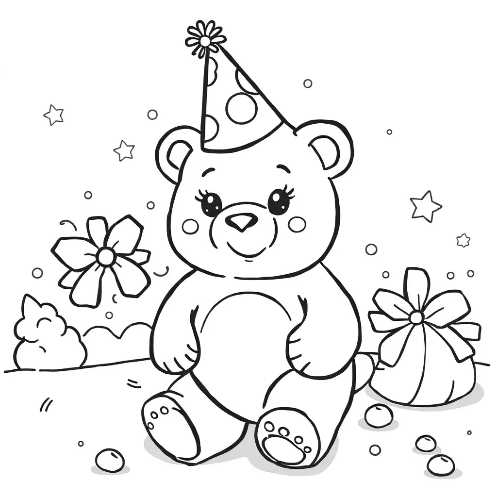 Candy a cute gummy bear wearing a party hat — classic candy coloring page (ages 5–10)