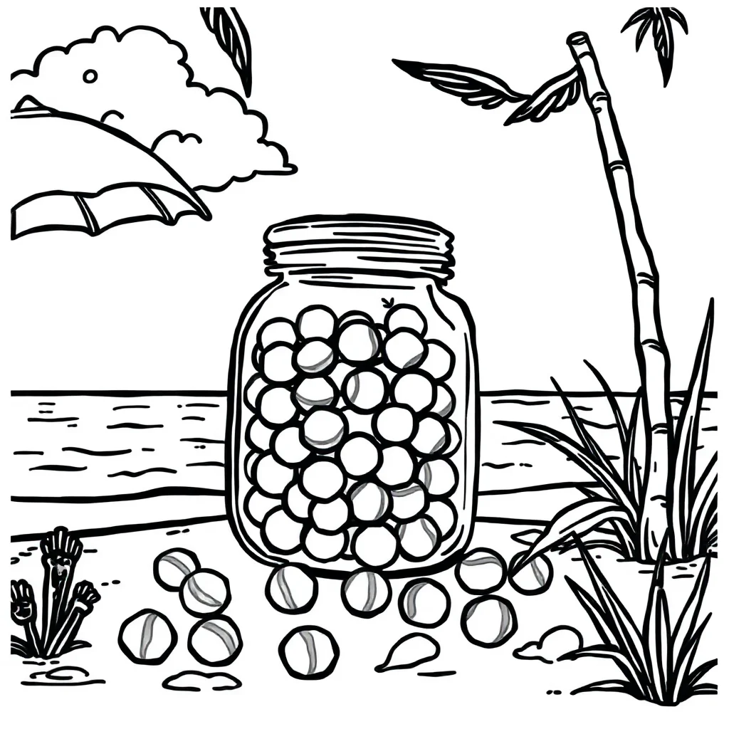 Candy a jar of candy on the beach — classic candy coloring page (ages 5–10)