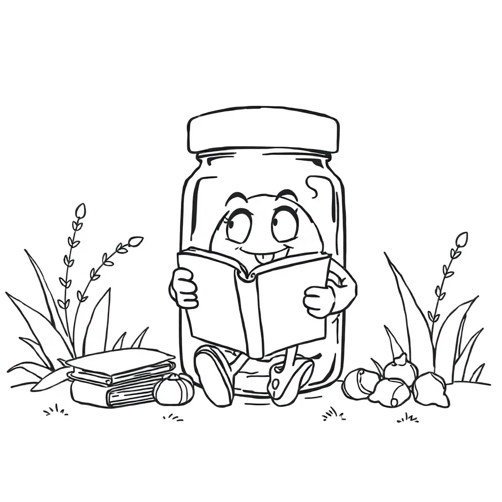 Candy a jar of candy reading a book — classic candy coloring page (ages 5–10)