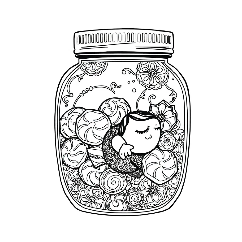 Candy a jar of candy sleeping curled up — detailed candy coloring page (ages 9+ & adults)