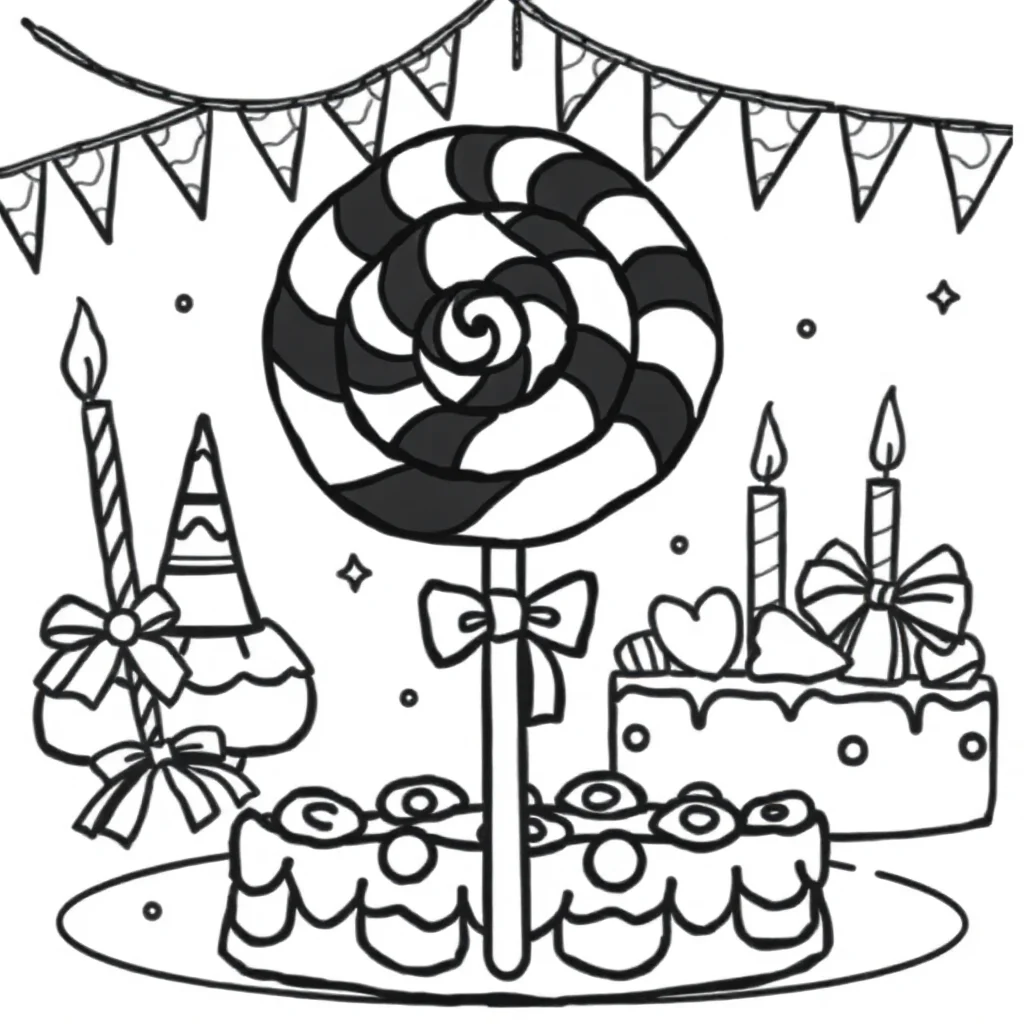 Candy a lollipop celebrating a birthday — classic candy coloring page (ages 5–10)