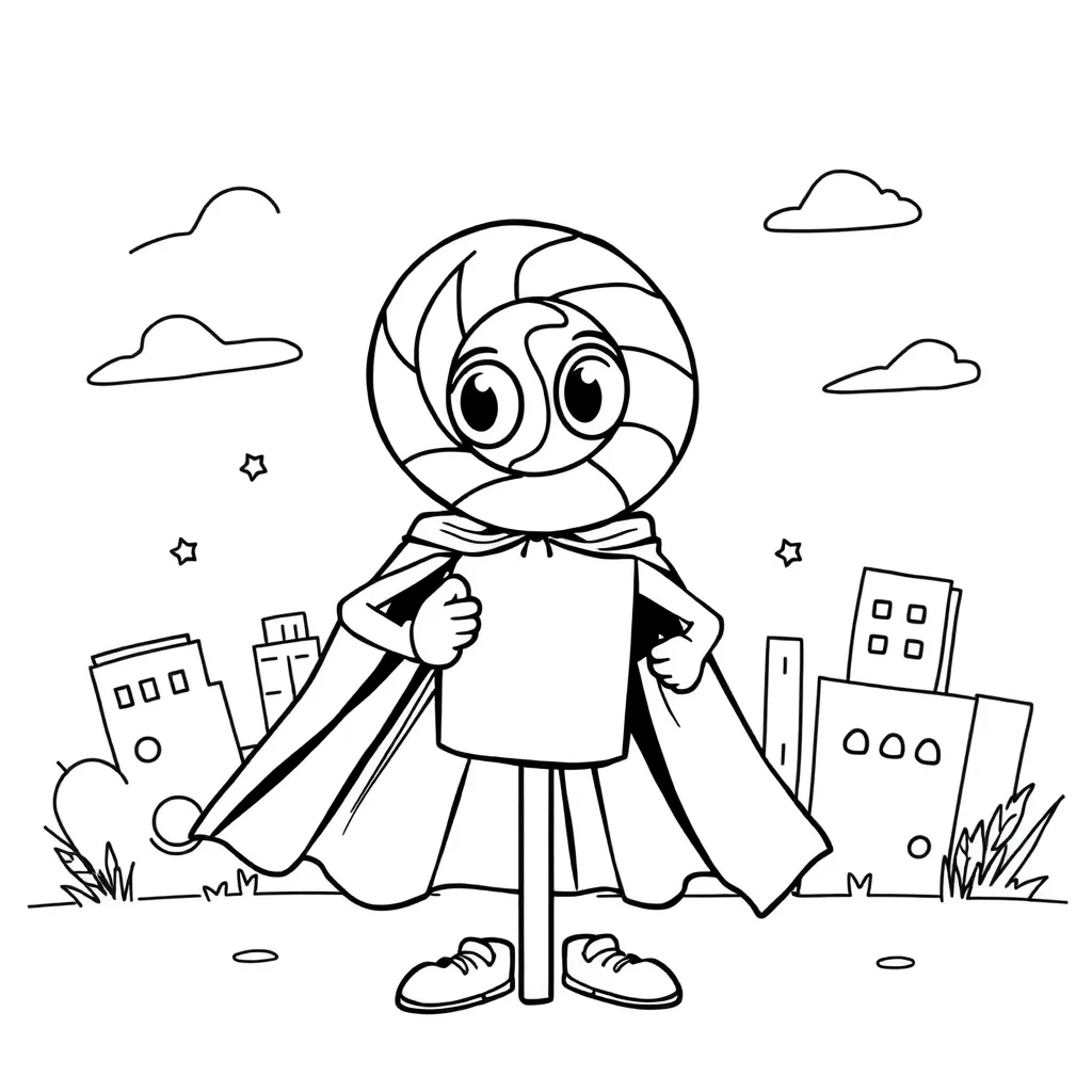 Candy a lollipop in a superhero cape — classic candy coloring page (ages 5–10)
