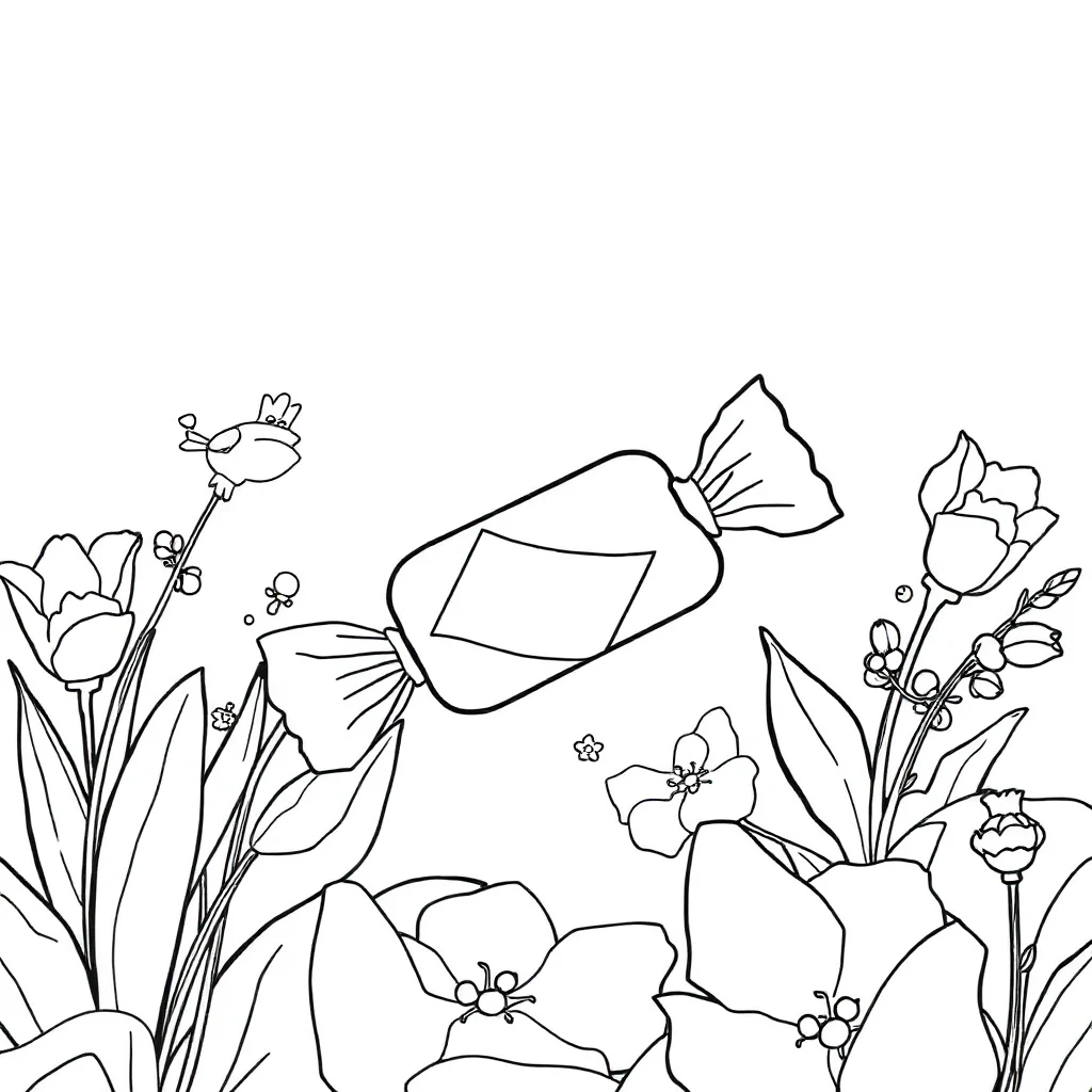 Candy a wrapped candy in a flower garden — classic candy coloring page (ages 5–10)
