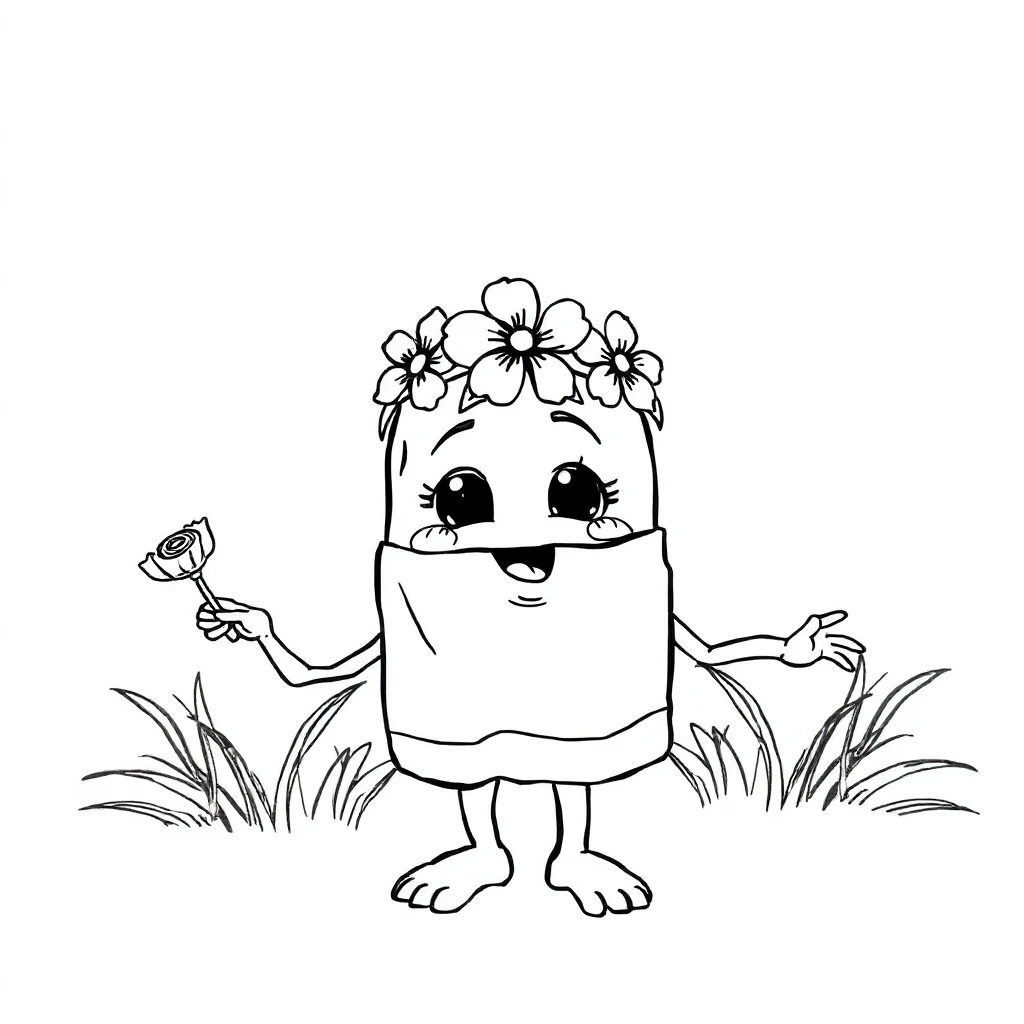 Candy a wrapped candy wearing a flower crown — classic candy coloring page (ages 5–10)