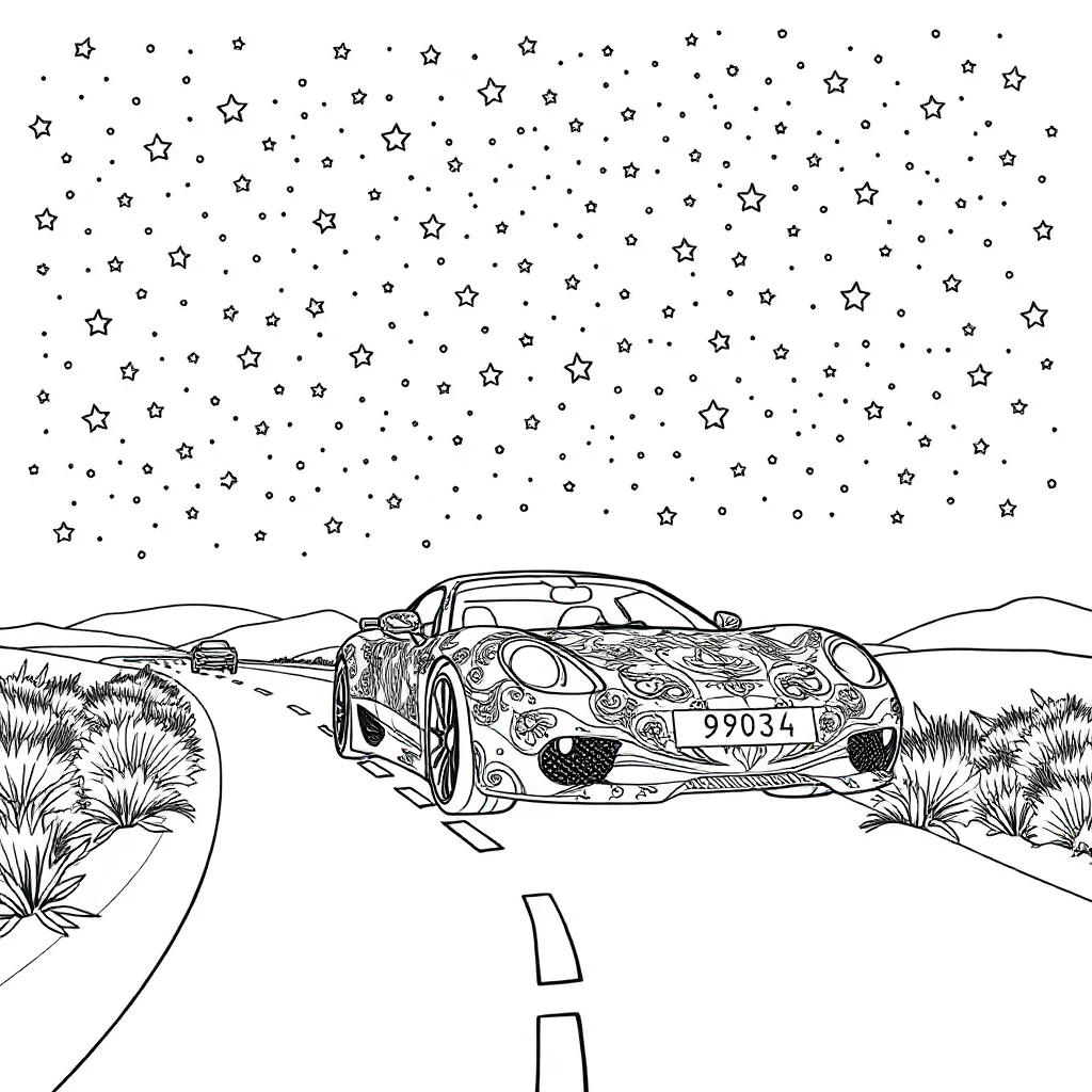 Cars a car on a road under the night sky with stars — detailed cars coloring page (ages 9+ & adults)