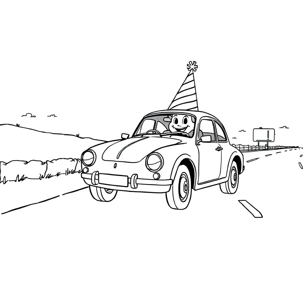 Cars a car on a road wearing a party hat — classic cars coloring page (ages 5–10)