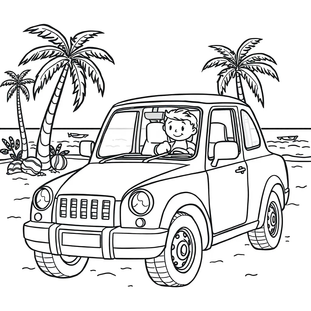 Cars a car with a smile on the beach — classic cars coloring page (ages 5–10)