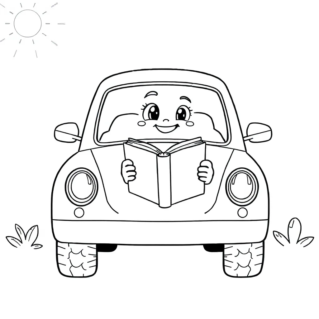 Cars a car with a smile reading a book — classic cars coloring page (ages 5–10)