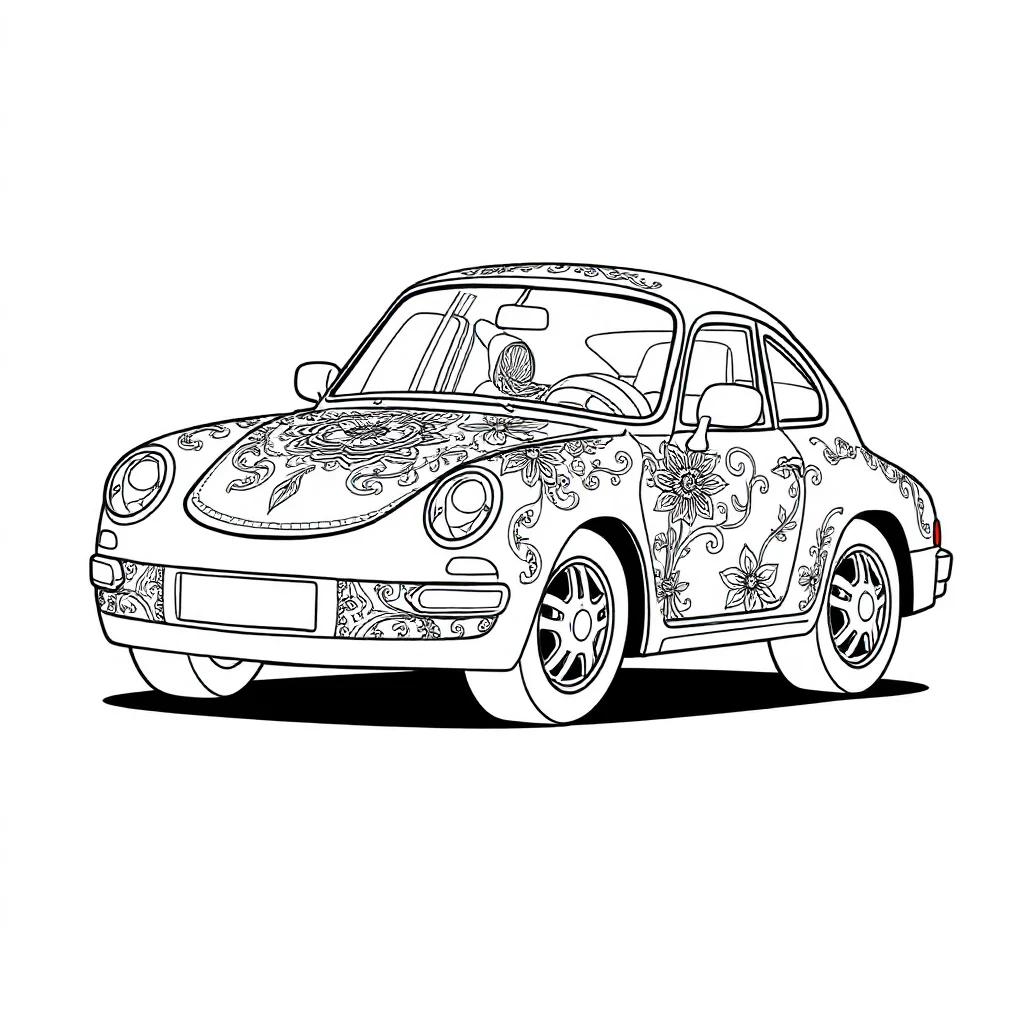 Cars a car with a smile sleeping curled up — detailed cars coloring page (ages 9+ & adults)