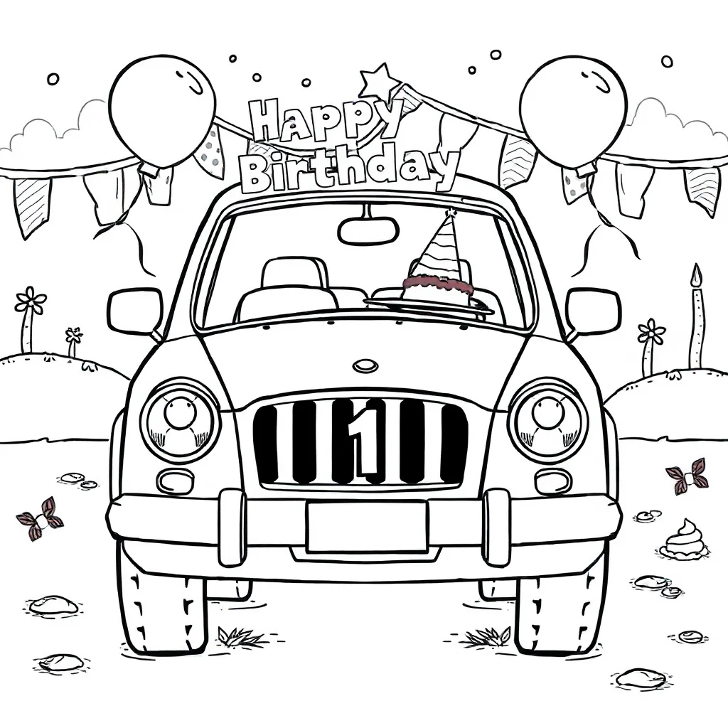 Cars a cute car celebrating a birthday — classic cars coloring page (ages 5–10)