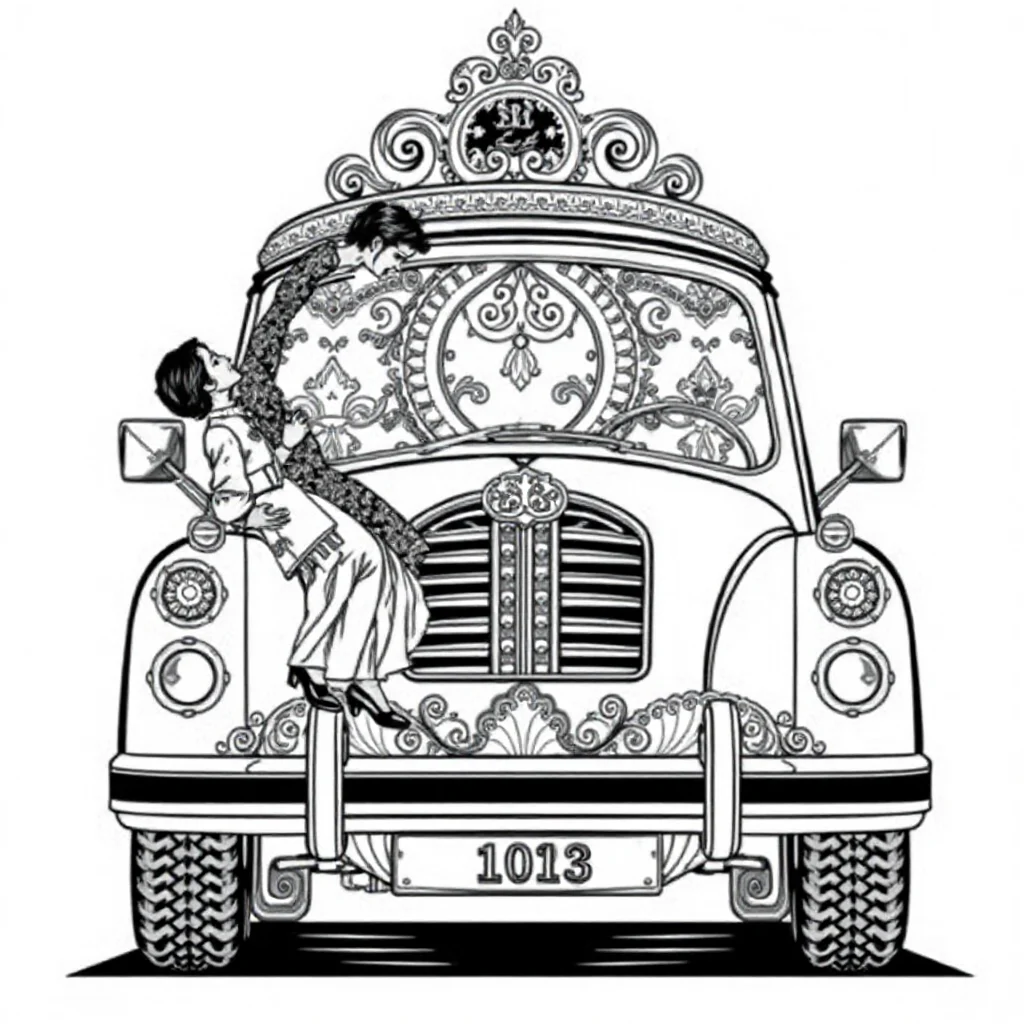 Cars a family car dancing — detailed cars coloring page (ages 9+ & adults)