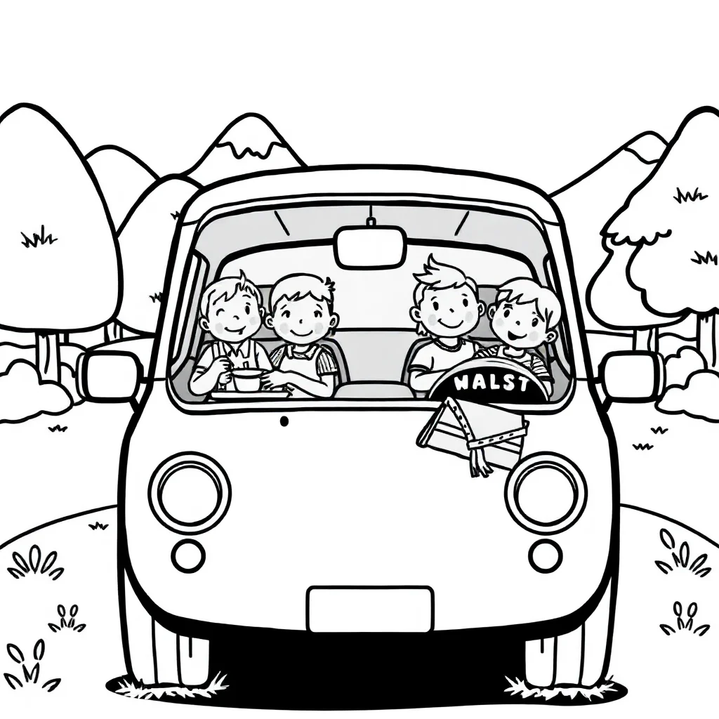 Cars a family car having a picnic — classic cars coloring page (ages 5–10)