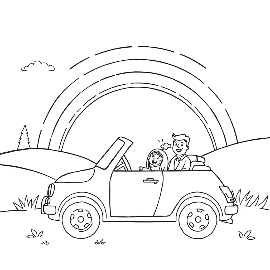 Cars a family car under a rainbow — classic cars coloring page (ages 5–10)