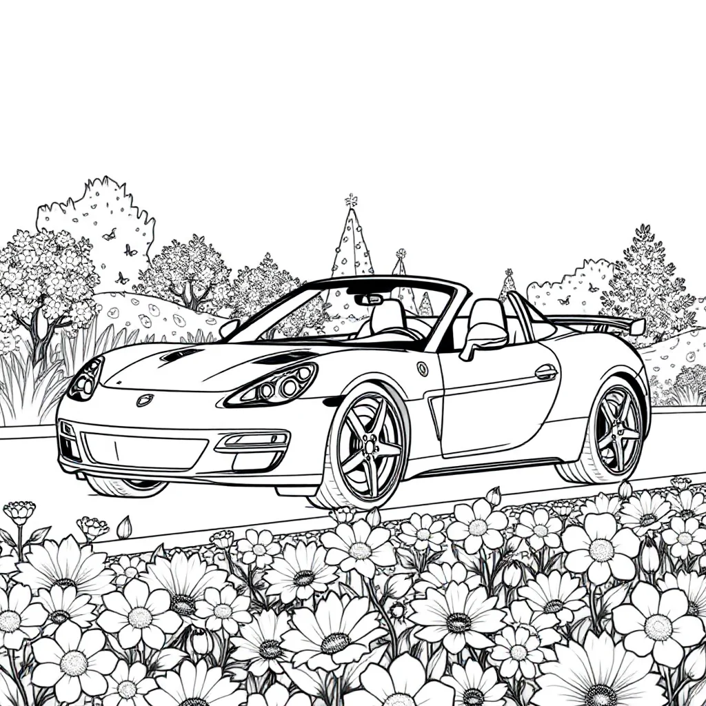 Cars a sports car in a flower garden — classic cars coloring page (ages 5–10)