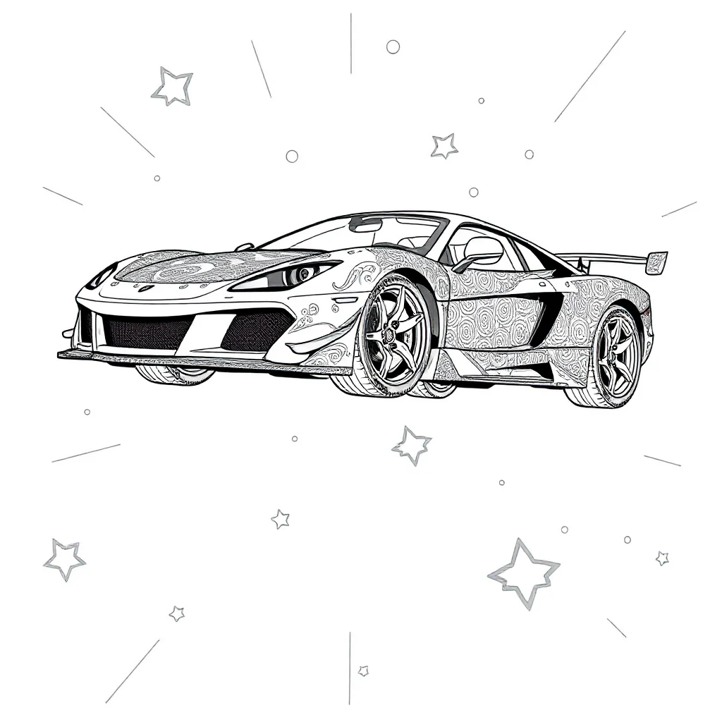 Cars a sports car leaping mid air — detailed cars coloring page (ages 9+ & adults)