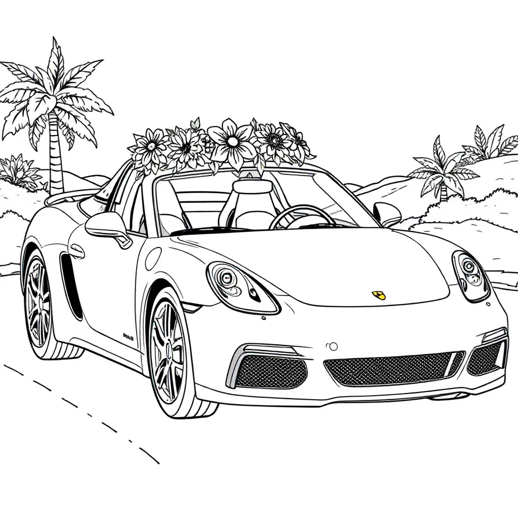 Cars a sports car wearing a flower crown — classic cars coloring page (ages 5–10)