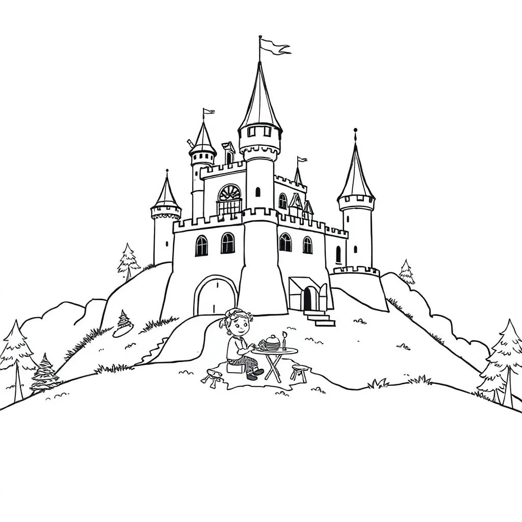 Castles a castle on a hill having a picnic — classic castles coloring page (ages 5–10)