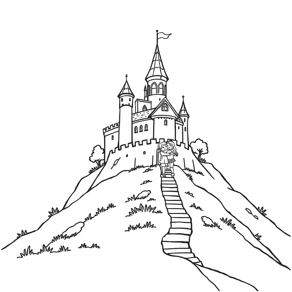 Castles a castle on a hill hugging a friend — easy castles coloring page (ages 2–5)