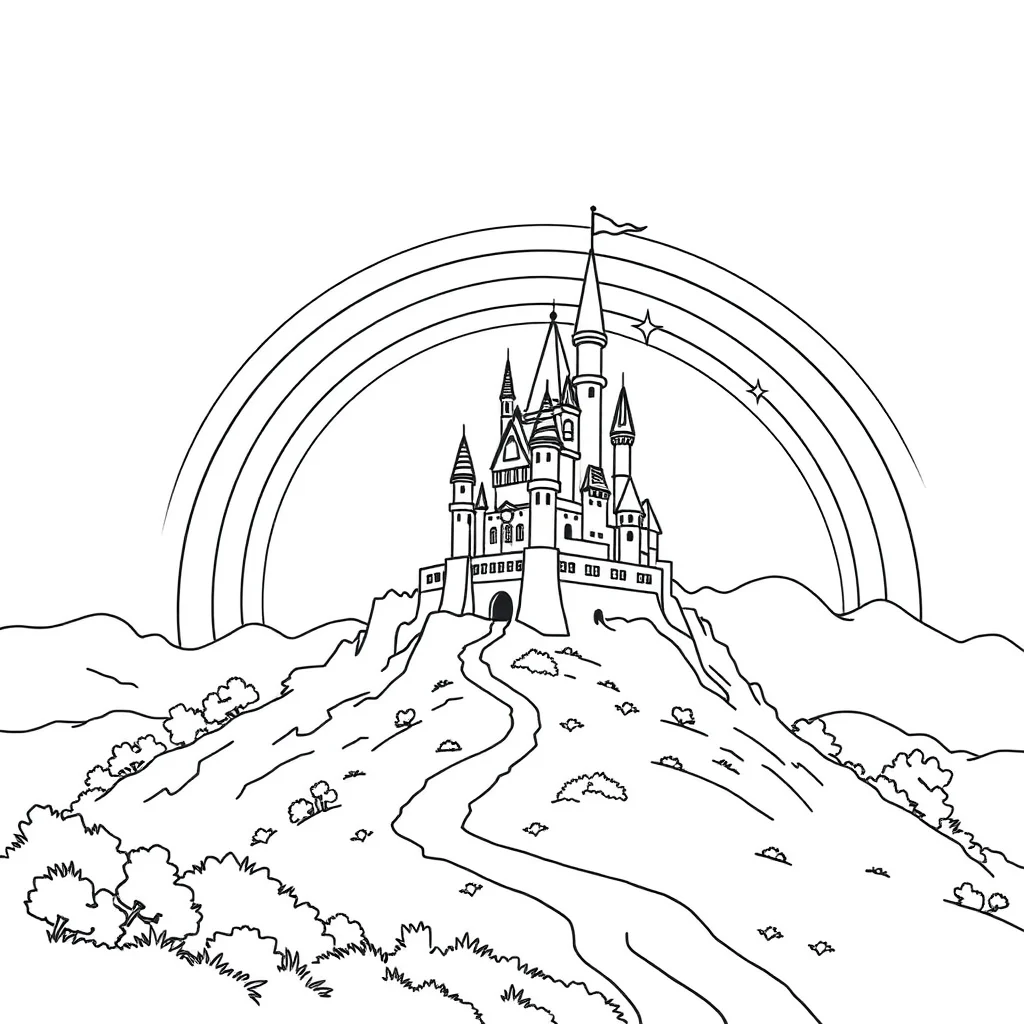 Castles a castle on a hill under a rainbow — classic castles coloring page (ages 5–10)