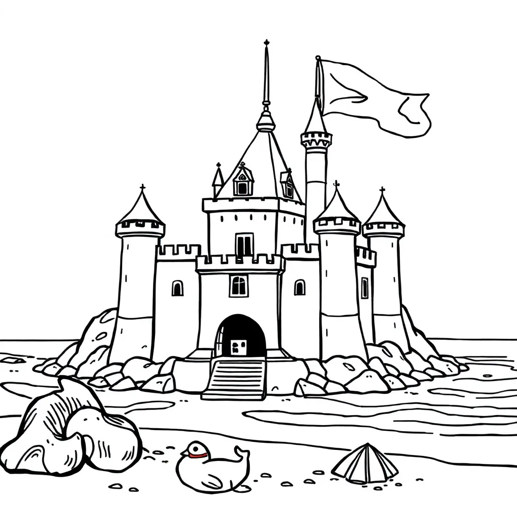 Castles a castle with flags on the beach — classic castles coloring page (ages 5–10)