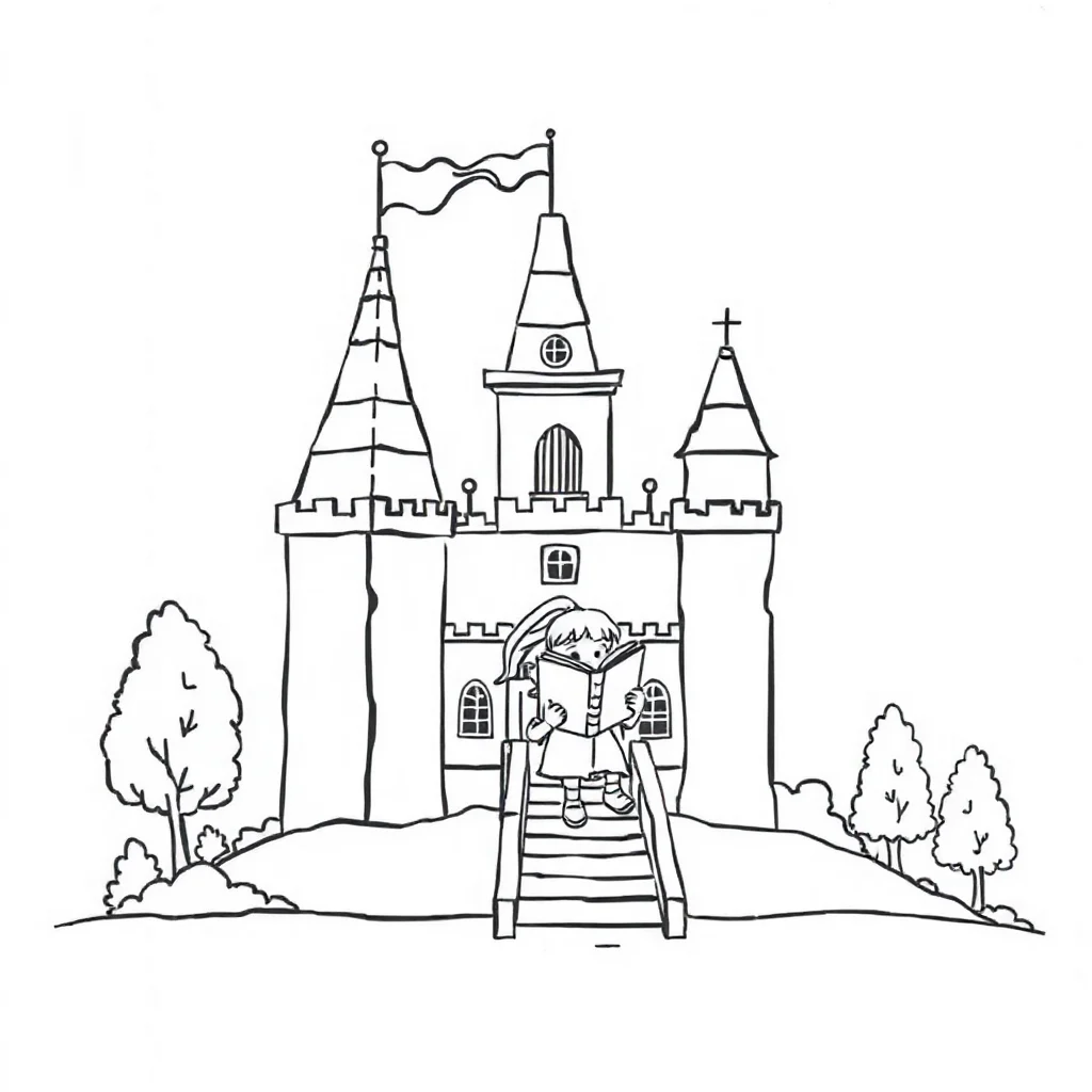 Castles a castle with flags reading a book — classic castles coloring page (ages 5–10)
