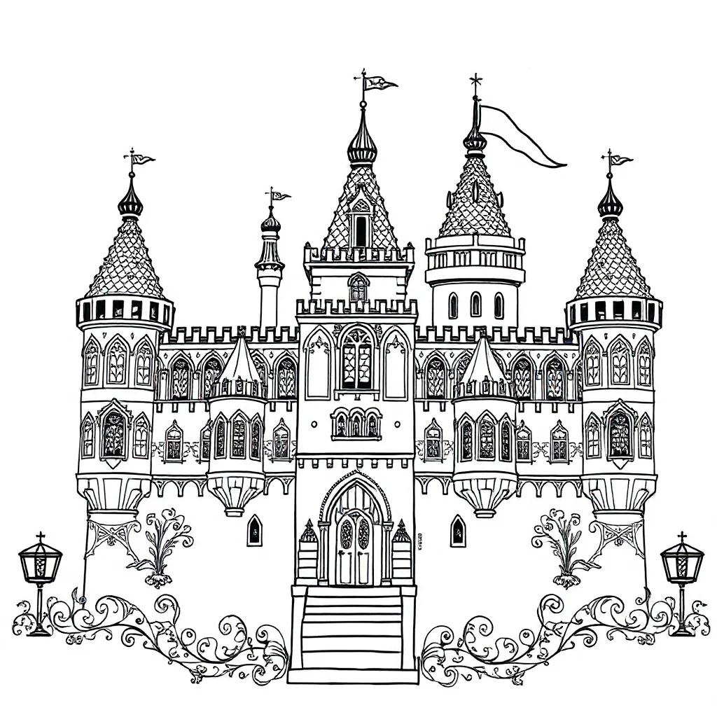 Castles a castle with flags sleeping curled up — detailed castles coloring page (ages 9+ & adults)