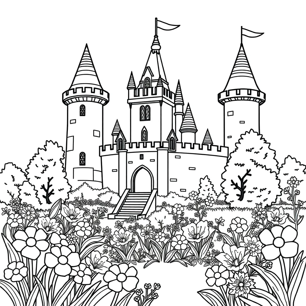 Castles a castle with towers in a flower garden — classic castles coloring page (ages 5–10)