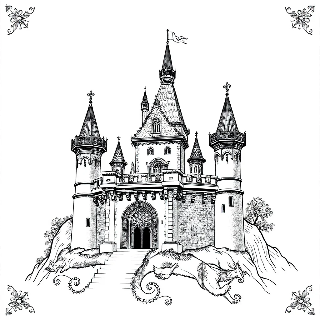 Castles a castle with towers leaping mid air — detailed castles coloring page (ages 9+ & adults)