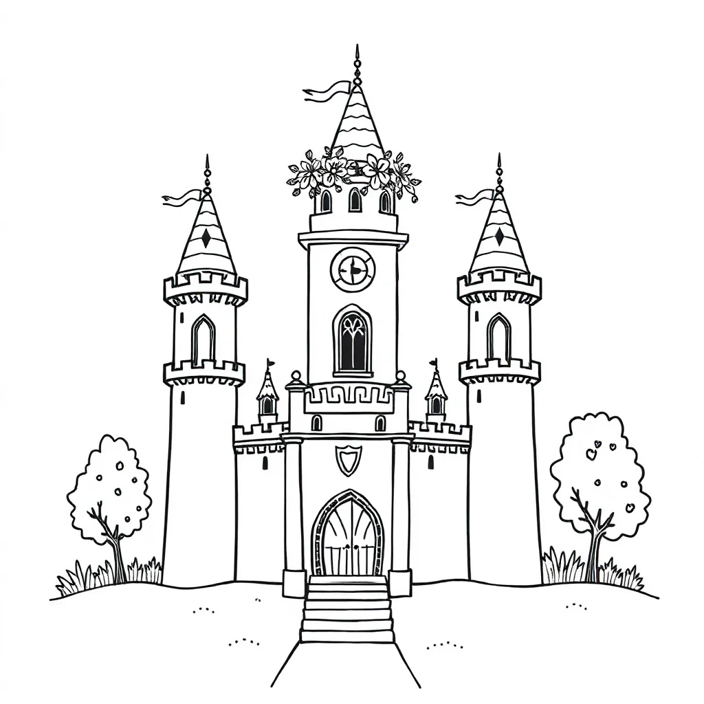 Castles a castle with towers wearing a flower crown — classic castles coloring page (ages 5–10)