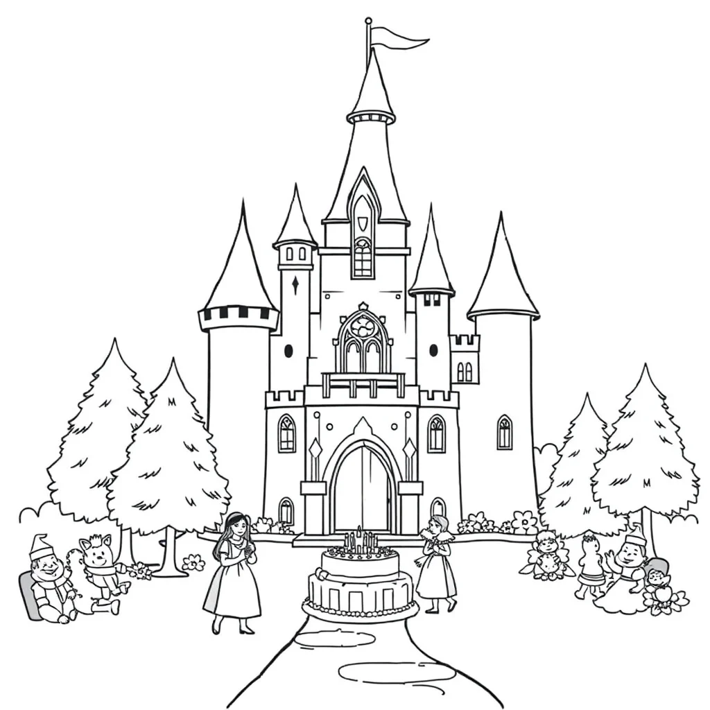 Castles a fairy tale castle celebrating a birthday — classic castles coloring page (ages 5–10)