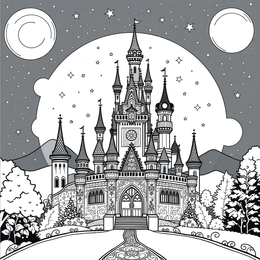 Castles a magical castle under the night sky with stars — detailed castles coloring page (ages 9+ & adults)