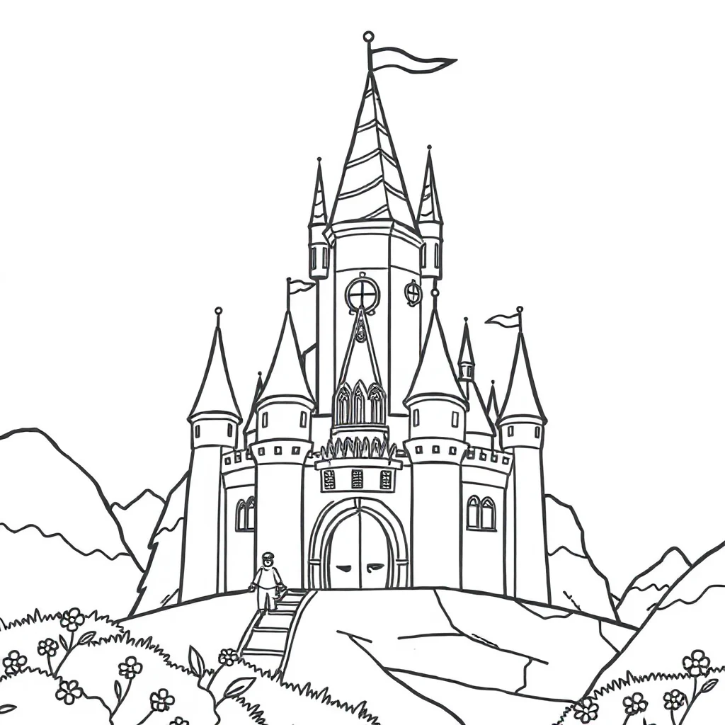 Castles a magical castle wearing a party hat — classic castles coloring page (ages 5–10)