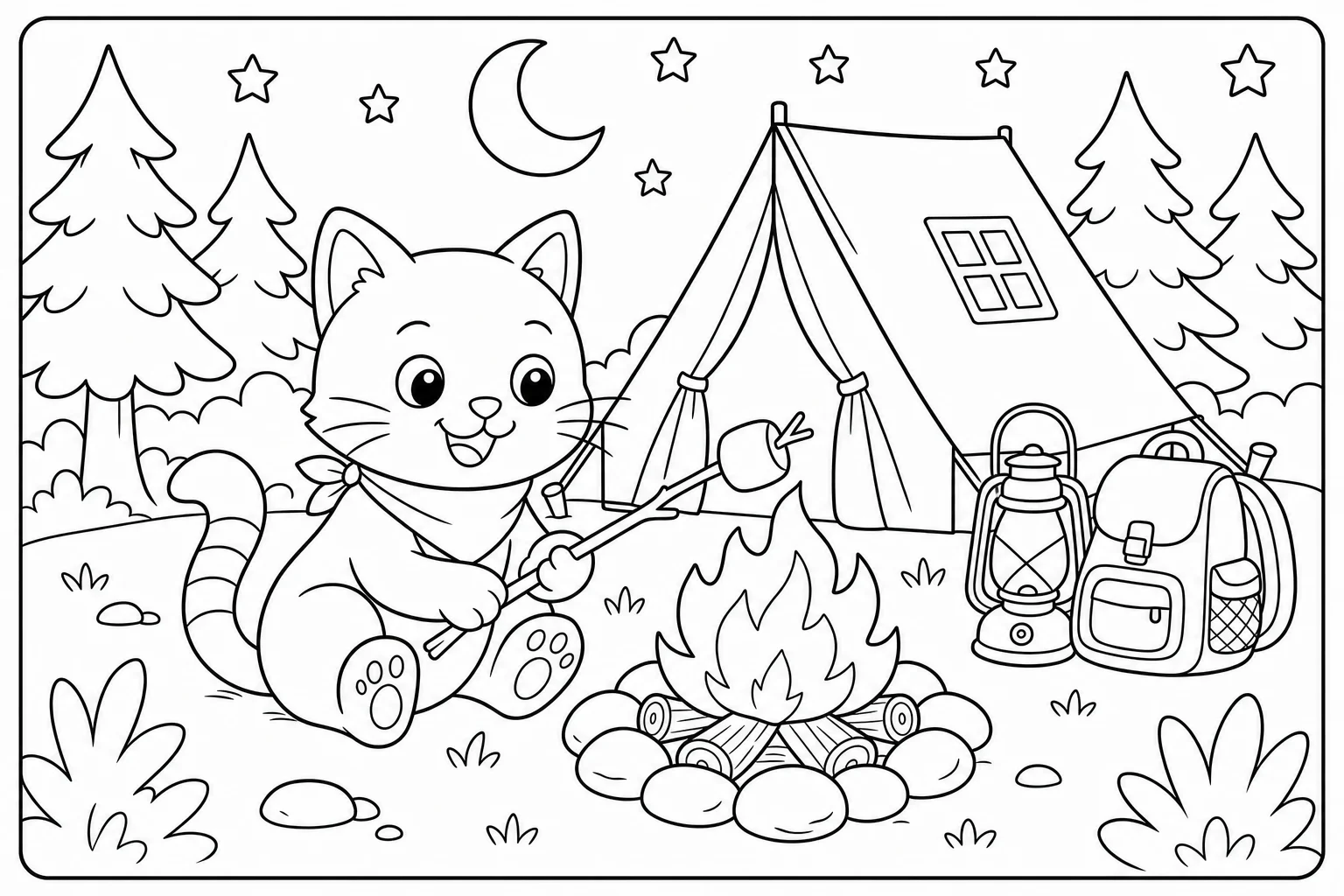 Cats camping cat — classic cats coloring page (ages 5–10)