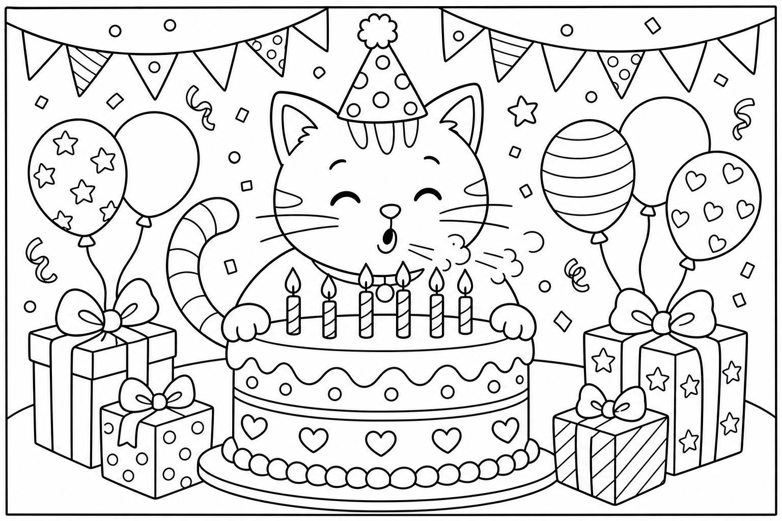 Cats cat birthday party — classic cats coloring page (ages 5–10)