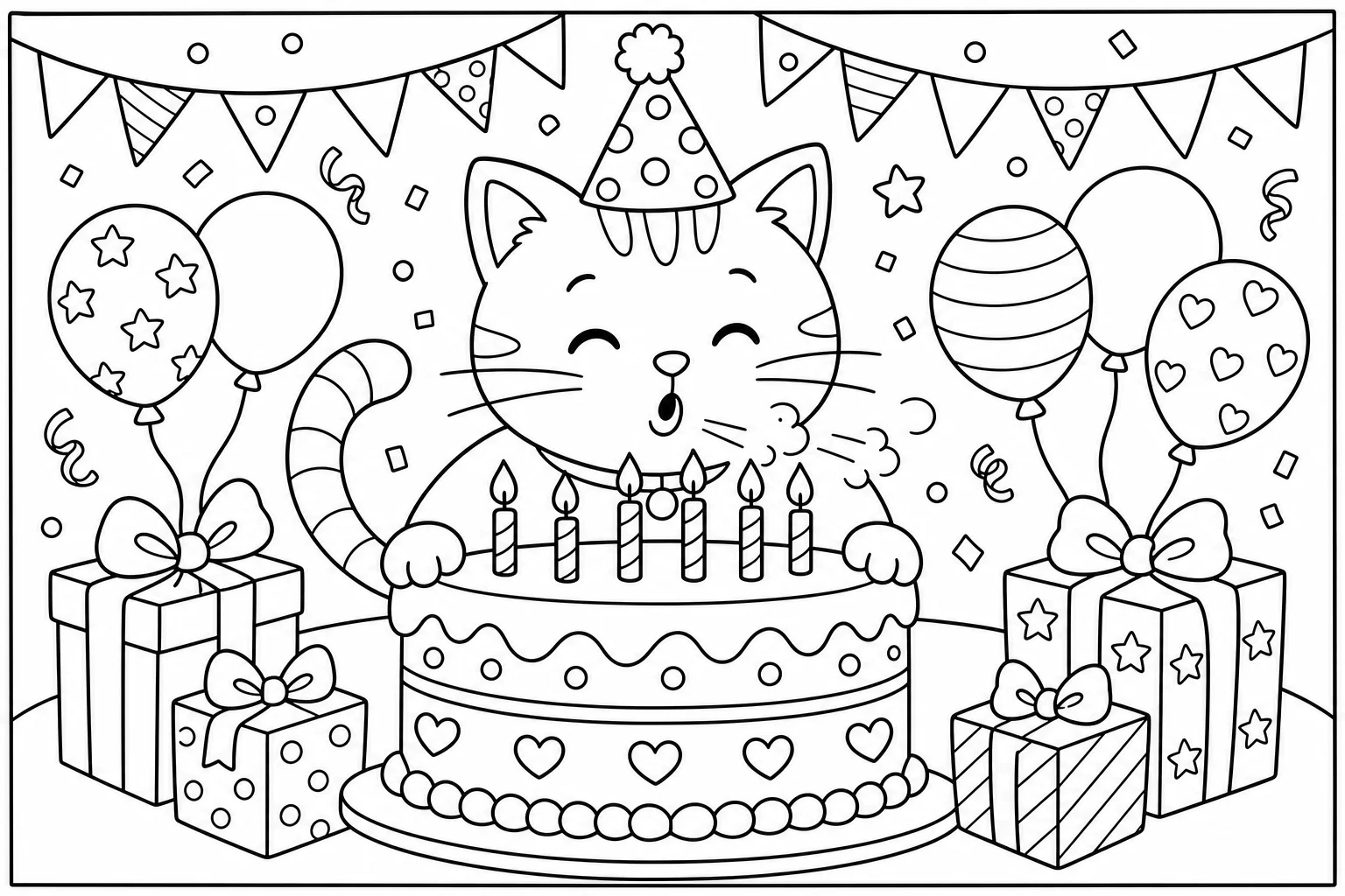 Cats cat birthday party — classic cats coloring page (ages 5–10)