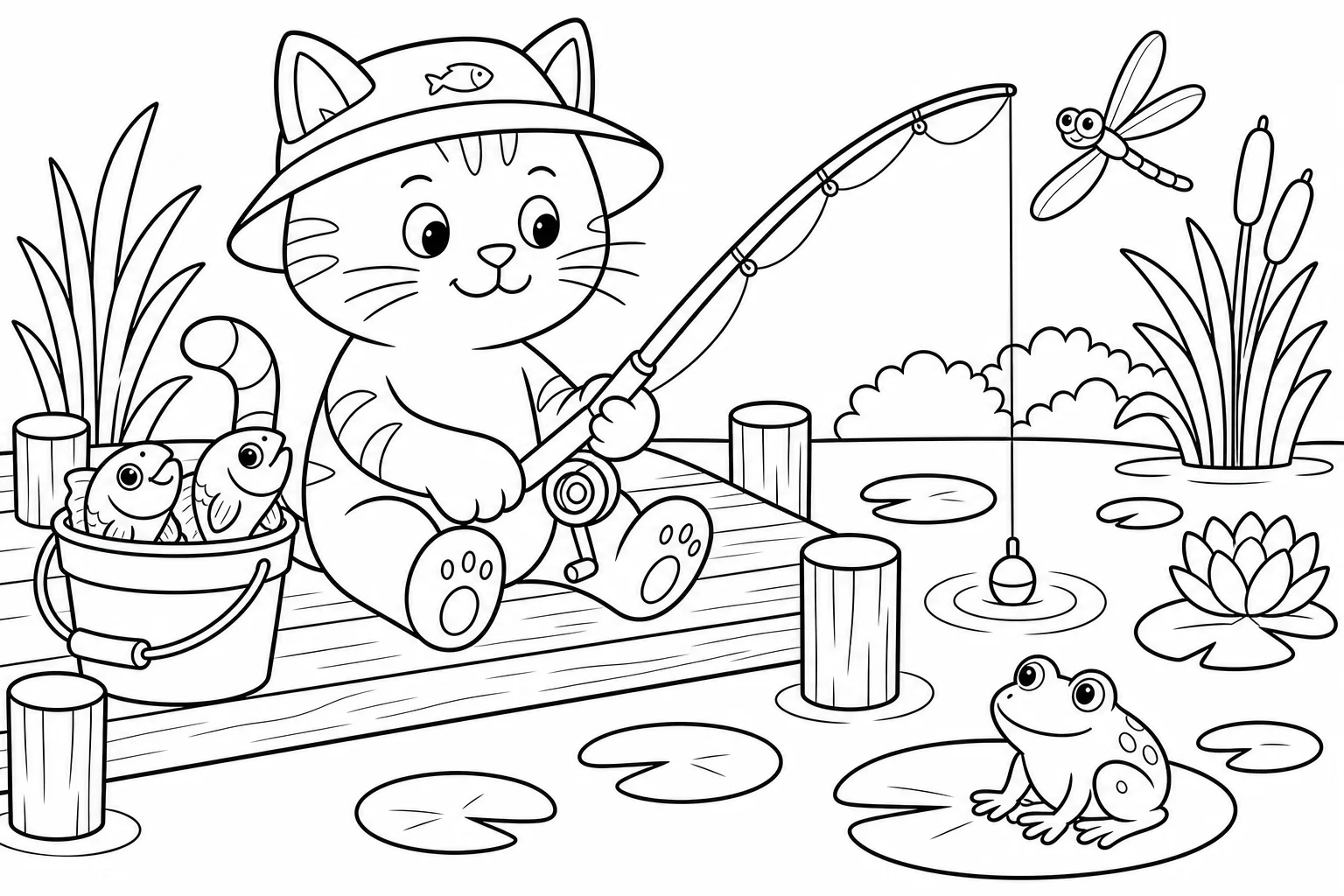 Cats cat fishing — classic cats coloring page (ages 5–10)