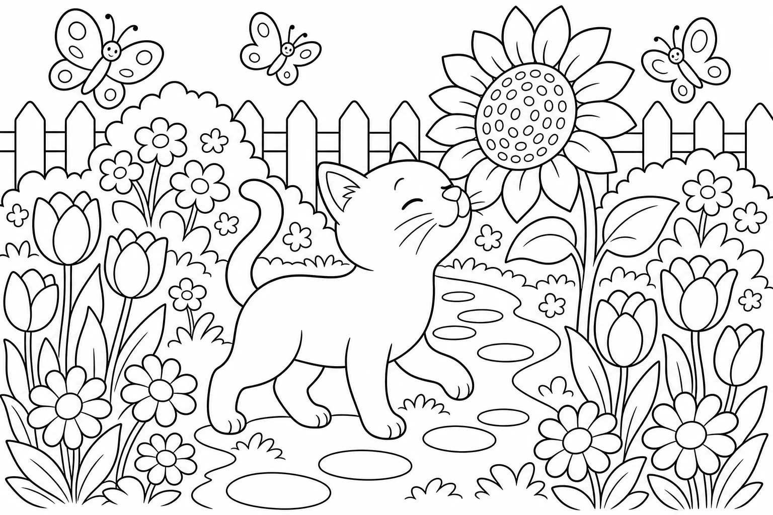 Cats cat garden flowers — classic cats coloring page (ages 5–10)