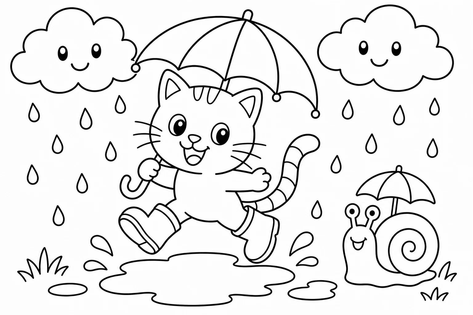 Cats cat rain umbrella — classic cats coloring page (ages 5–10)