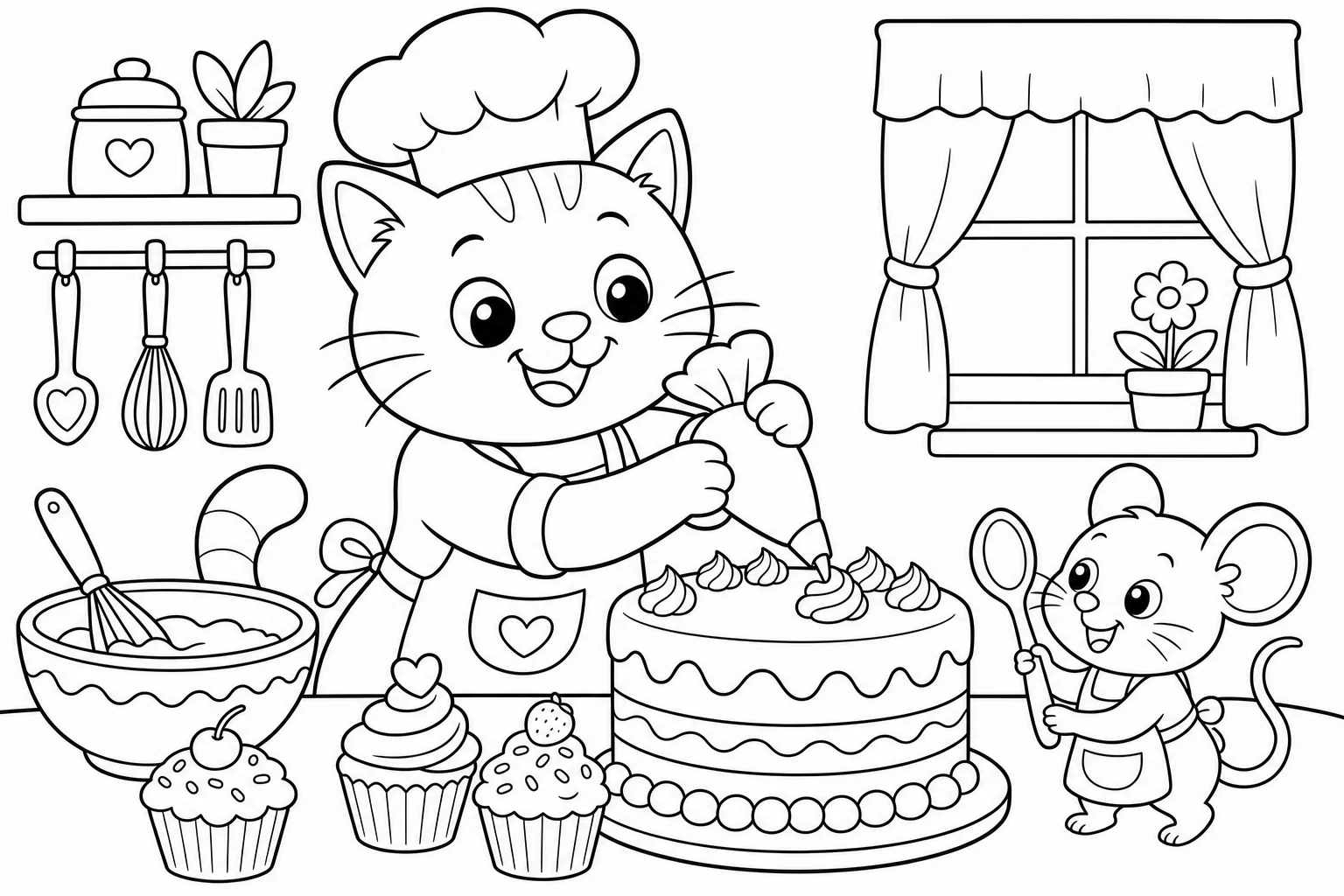 Cats chef cat — classic cats coloring page (ages 5–10)